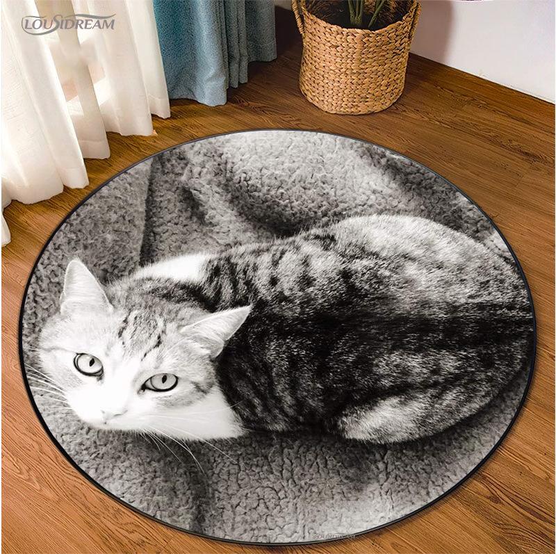 Cute Dog Cat Cartoon Round Area Rug Carpet for Living Room Bedroom Table Kid Play Un-slip Floor Mat Decor Tapete Peludo Alfombra