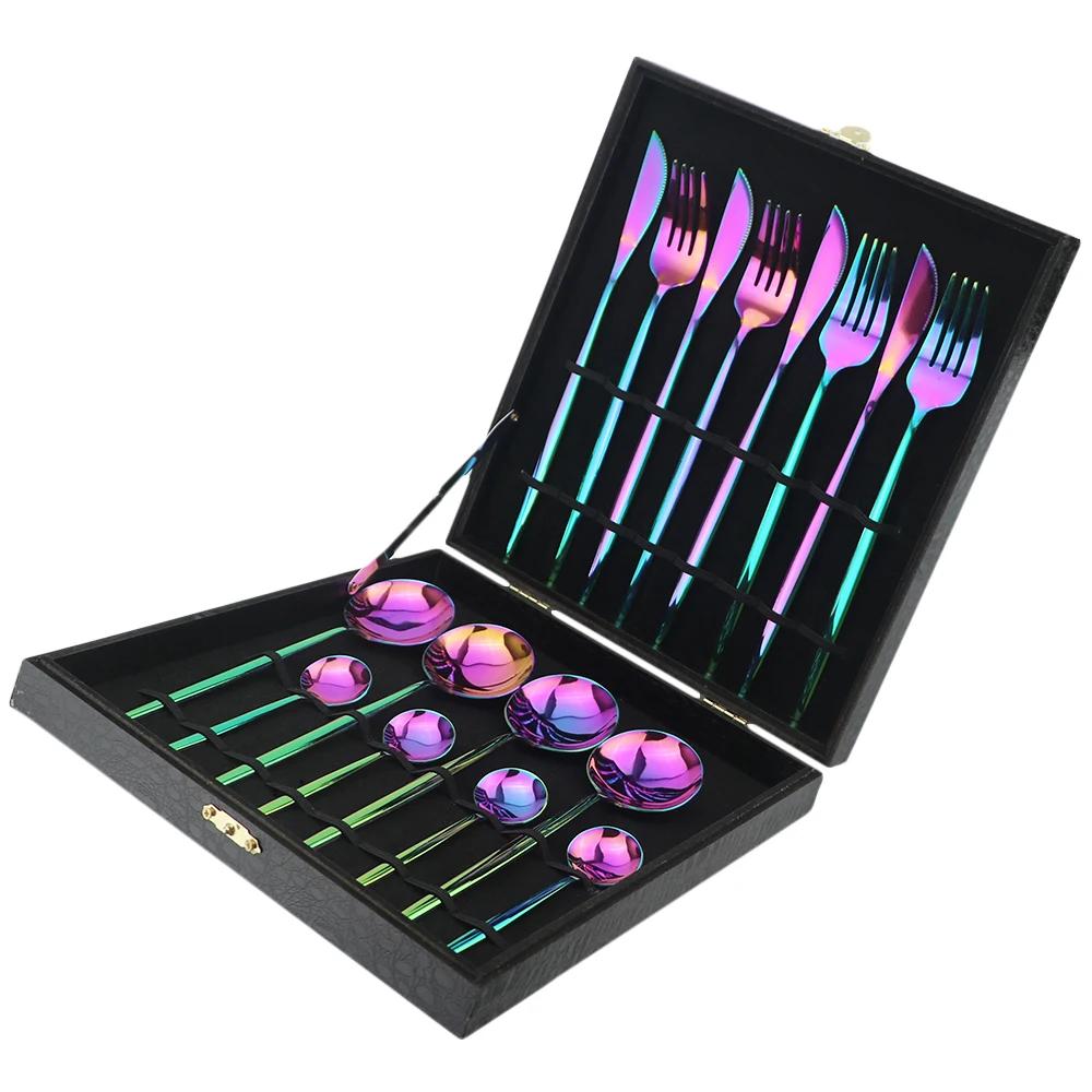 16pcHigh Grade Luxury Rainbow Dinnerware Set Fork Knife Spoon Black Cutlery Set Stainless Steel Flatware Set With Gift Box Hotel