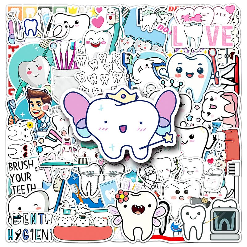 50 Sheets Protect Teeth Cartoon Stickers For Kids Students Graffiti Laptop Stationery Luggage Cute Sticker Dental Clinic Gifts