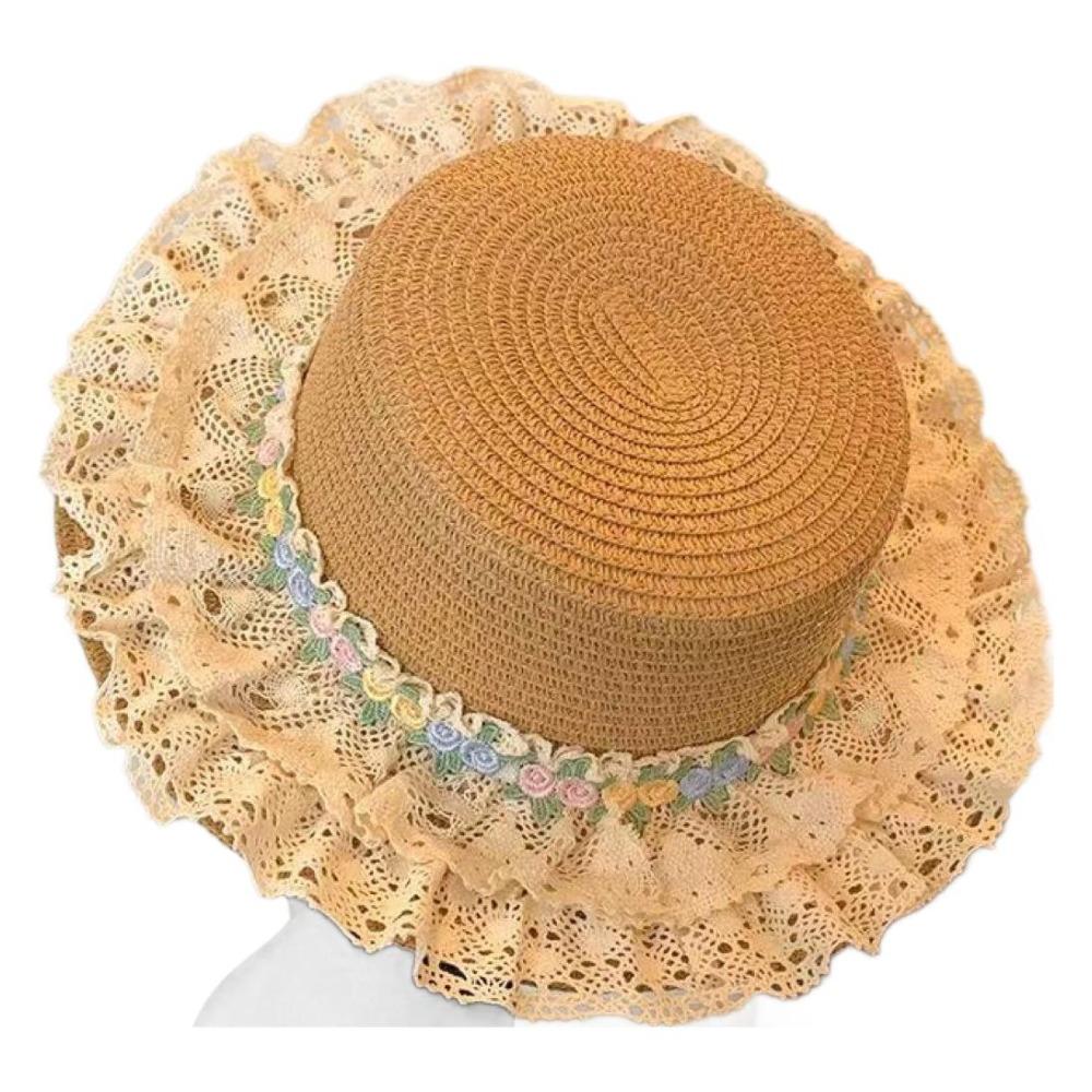 Wide Brim Lace Floral Brim Cap Flat Top Sunscreen Hat Cute Women's Sun Hat  Seaside