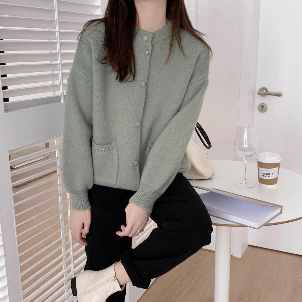 Women's Pink Korean-Style Loose Fit Cardigan - Soft, Long-Sleeved, Perfect for Autumn and Winter