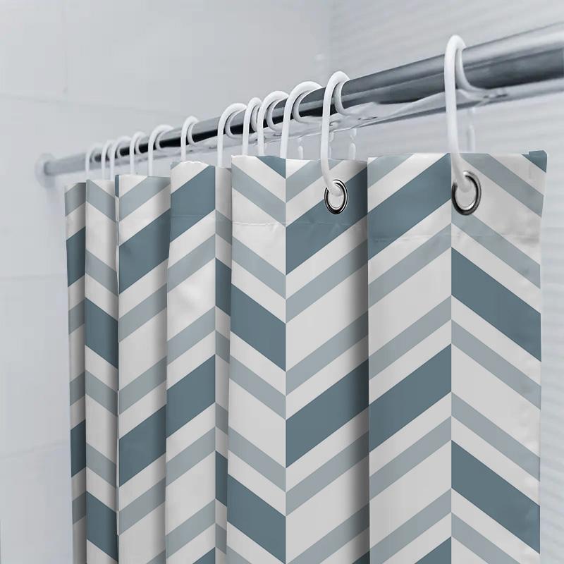 Modern Chevron Striped Shower Curtain Blue White Bath Decor Waterproof Fabric, 180Cm * 135Cm (71 X 53) Set Of Hook Rings Include