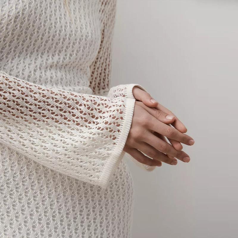 Knitted Hollow Out Beach Dresses Women Sexy Solid O-neck Long Sleeve Oversize Dress Spring Summer Lady Sunscreen Vestidos