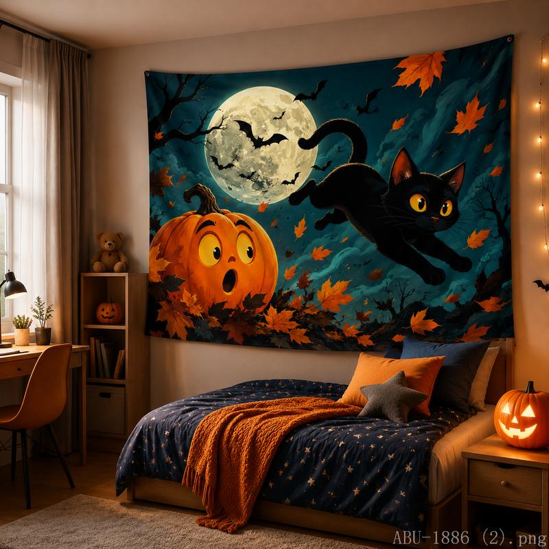 Dark Halloween Pumpkin Tapestry Big Spider Web Maple Leaf Autumn Night Wall Hanging Bedroom Dorm Holiday Decor Cloth