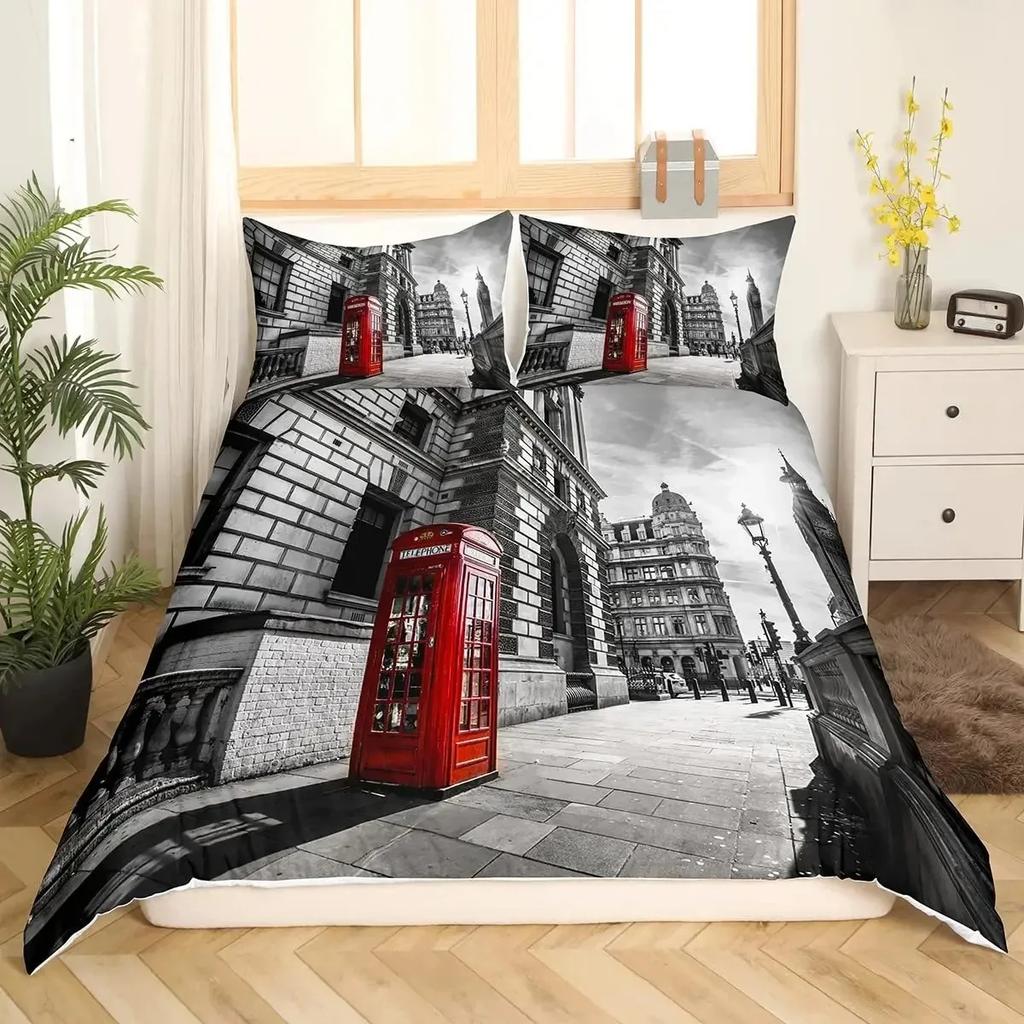 London Duvet Cover Full SizeTelephone Booth The Big Ben Bedding Set Comforter Cover Set Nostalgic Retro United Kingdom Bedding