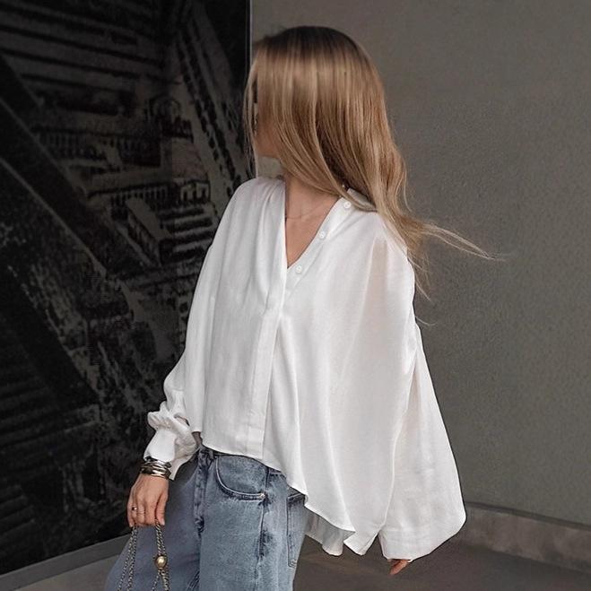 Temperament white stand-up collar shirt women's 1116 autumn old money style loose women's shirt medium and long women's clothing