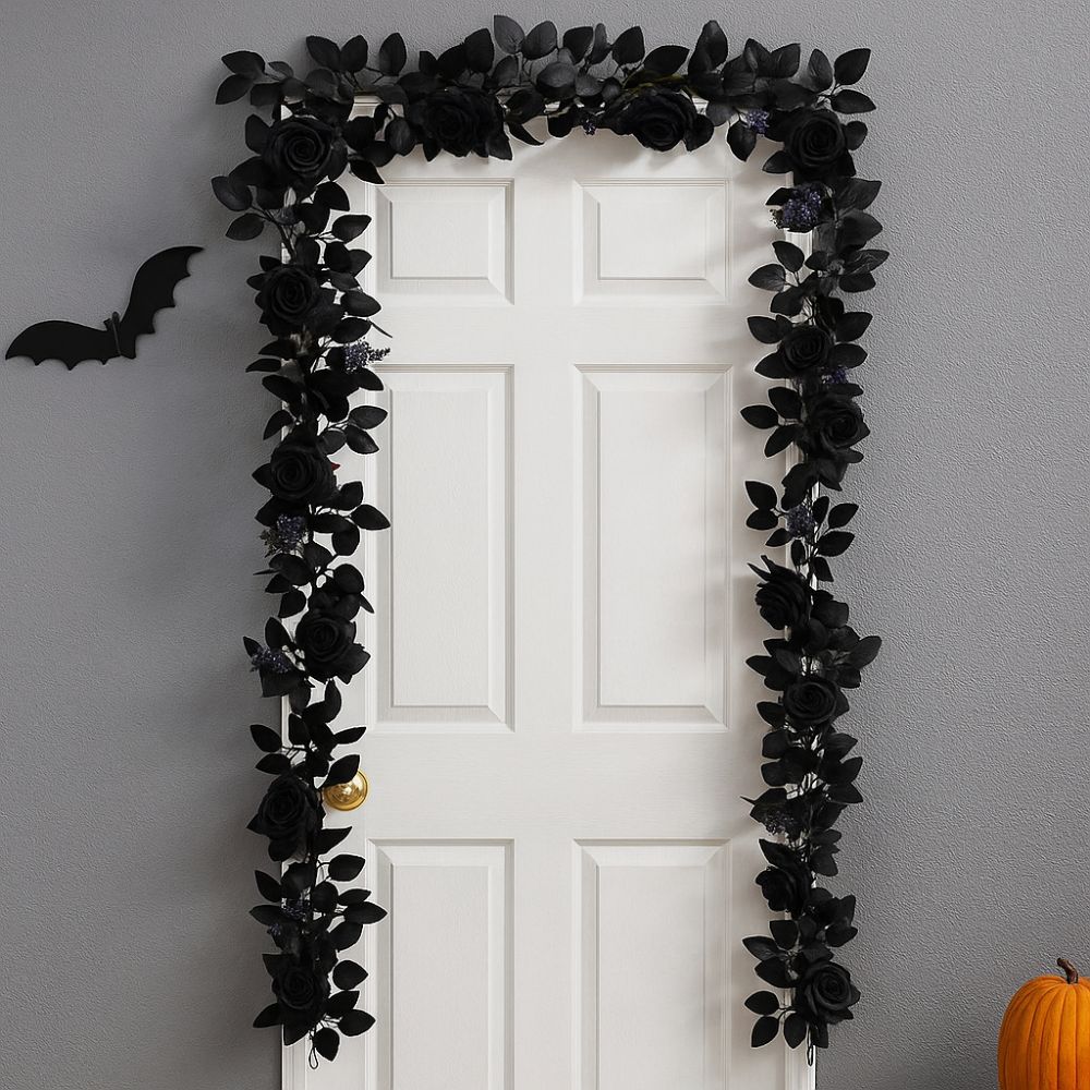 175CM Halloween Black Red Rose Leaf Flower Vine Fake Christmas Ceiling Wedding Floral Arrangement Halloween Party Home Decorate