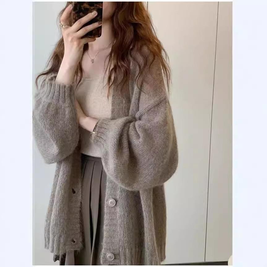 Popular lantern sleeve jacket women's spring and autumn shirt loose lazy solid color mohair sweater women's thin