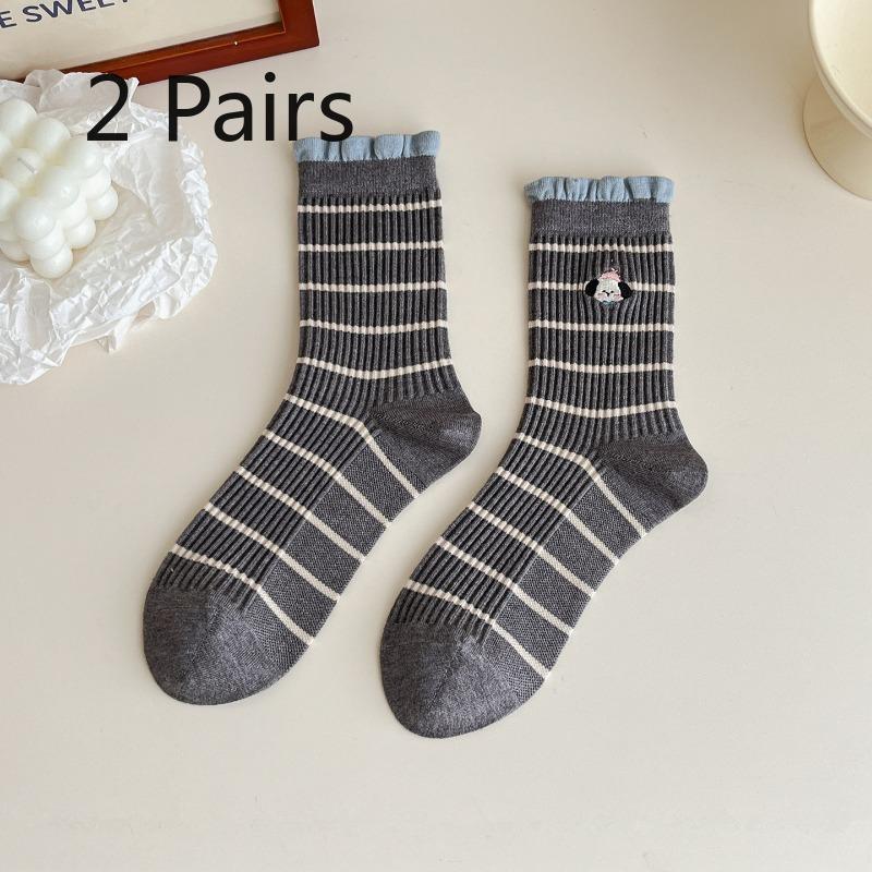 Two Pairs of Grey-colored Imitation Cashmere Striped Socks - Mid-calf Socks with Warm Stitching and Cute Lace Trim.