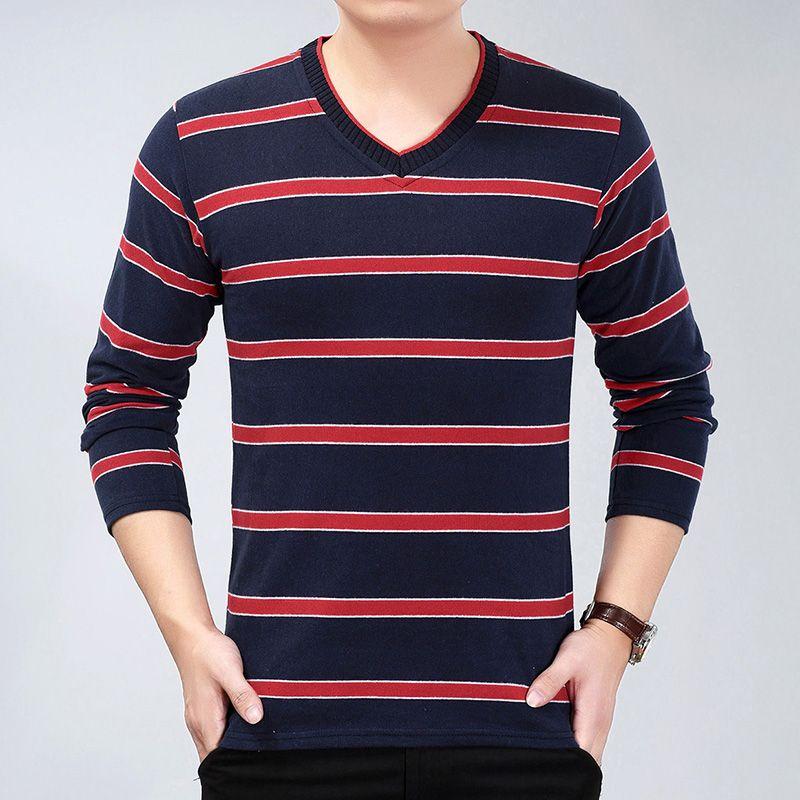 Spring and Autumn Men's V-neck Stripe Thread Decoration Loose Casual Fashion Elegant Commuting Long Sleeved Bottom Shirt