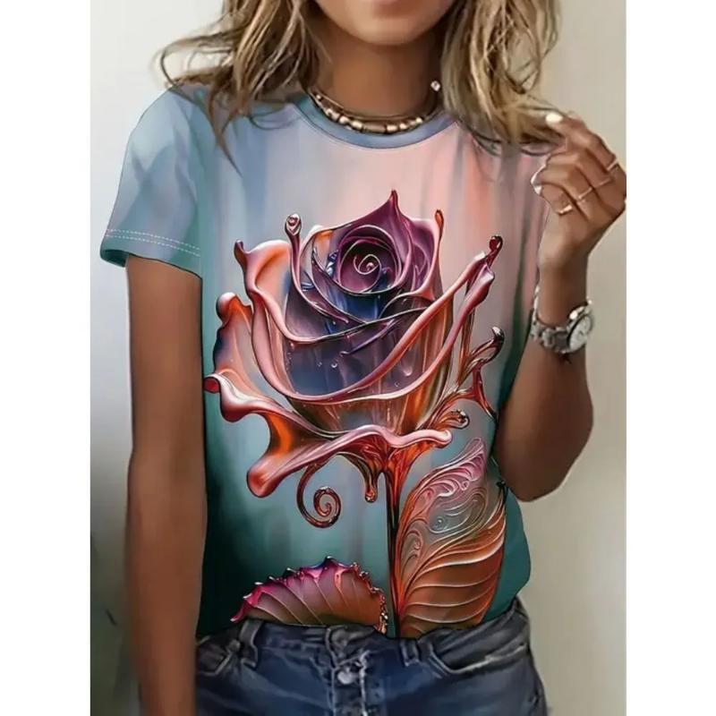 Μοντέρνο Γυναικείο T-Shirt με Στρογγυλή Λαιμόκοψη Κοντομάνικο 3D Έγχρωμη Εκτύπωση