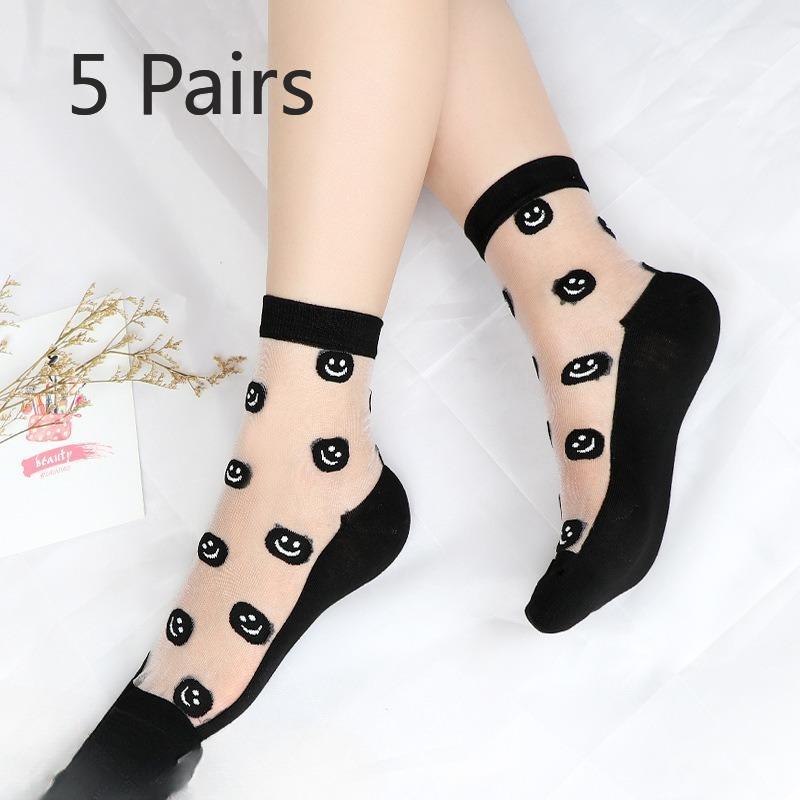 

5 пар женских весенне-летних носков средней длины из чистого цвета с цветами, сексуальных, тонких, из антикрючкового шелка, с прозрачным хлопковым низом 5 Pairs