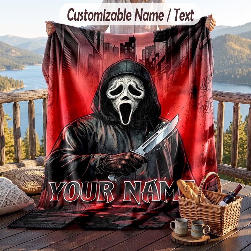Custom Text Flannel Throw Blanket, Lightweight Cozy Bed Sofa BlanketScream Ghostface