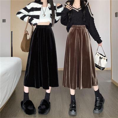 2024 Autumn/Winter Women's Black Velvet High-Waist A-Line Retro Mid-Length Skirt