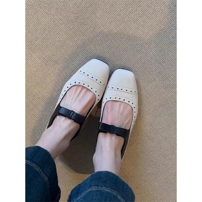 Leder Französisch Niedriger Absatz Quadratische Spitze Schleife Leichter Mund Einzelne Schuhe Weiblichkeit Vielseitig Pendler Weiche Sohle Ballett Mary Jane Schuhe
