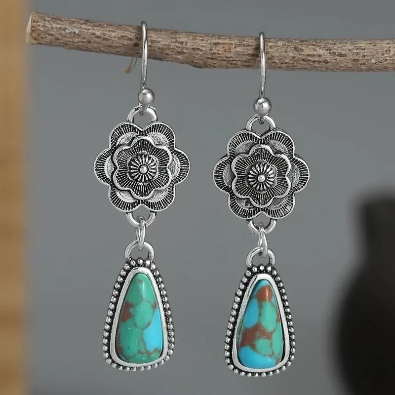 Vintage Ethnic Antique Flower Synthetic Turquoise Pendant Earrings For Birthday Parties Fashionable Jewelry Customization Gifts