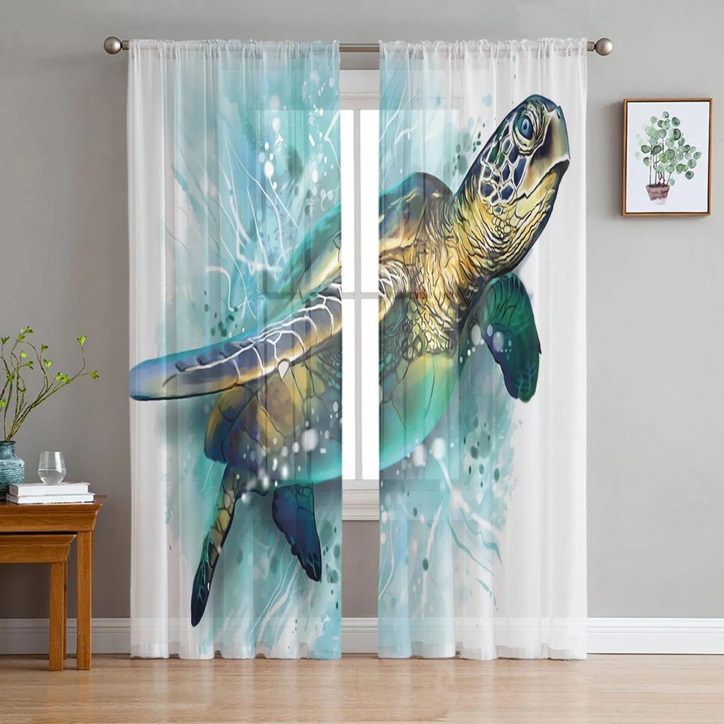 Sea Turtle Ocean Creature Landscape Voile Curtains Living Room Bedroom Transparent Tulle Window Drapes Curtain With Sheer Polyester Perfect For Area