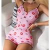 Women's Pajamas One Piece Pajamas Red Lip Printed Sleeveless Pijama Short Onesie Adults V-Neck Suspenders Funny Pajamas Bodysuit