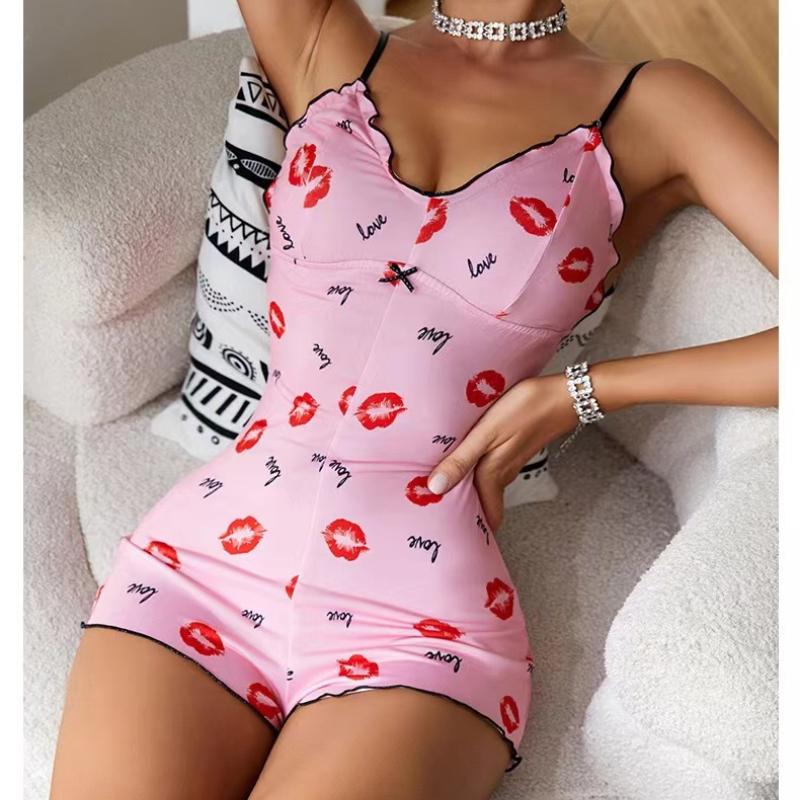 Women's Pajamas One Piece Pajamas Red Lip Printed Sleeveless Pijama Short Onesie Adults V-Neck Suspenders Funny Pajamas Bodysuit