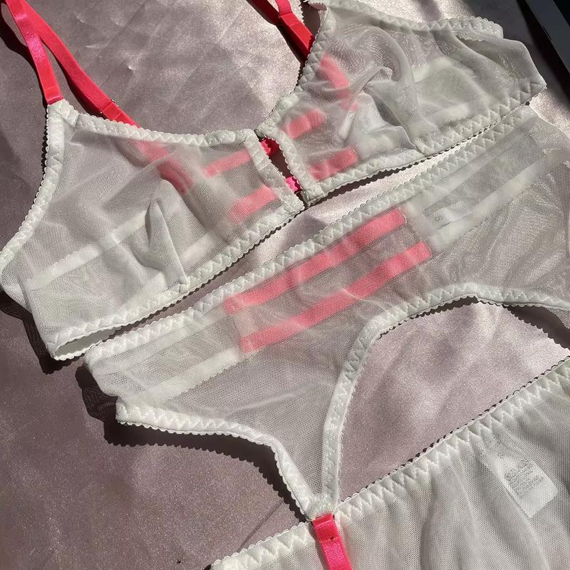 TERMEZY Sexy Lace Lingerie French Thin Transparent Underwear Female Embroidery Brassiere 3-Piece Exotic Bra and Garter Thong Set