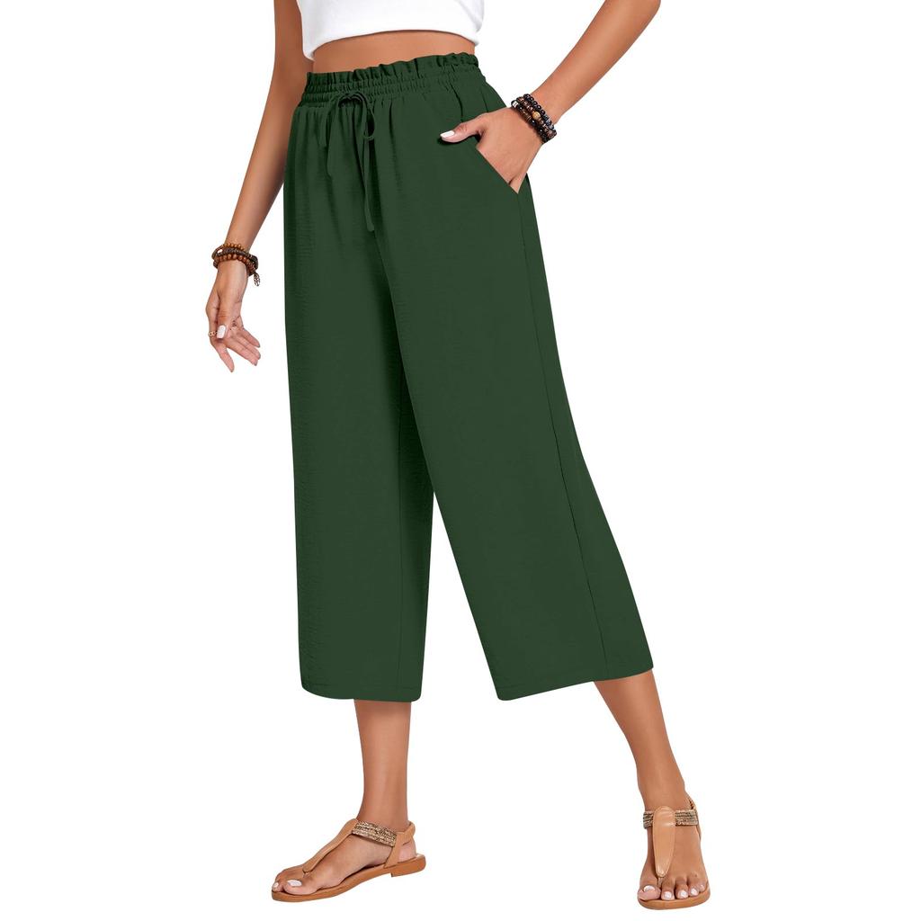 Damen Square Pocket Elastischer Bund Cropped Hose Lässige Baumwoll- und Leinenhose