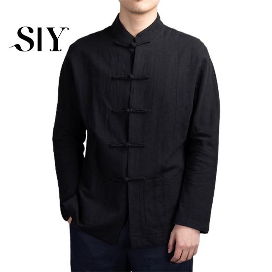 Long Sleeve Pockets Shirt Men Autumn Chinese Style Top Mandarin Collar Disc Solid Color Stand-up Button Traditional Kung Fu Tai Chi Tang Tops Uniform