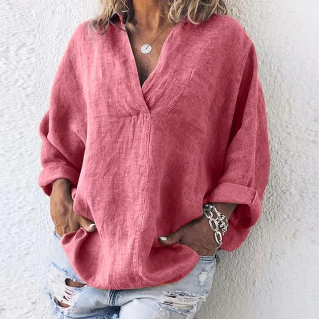 Dámská móda Plus Size Jednobarevná Ležérní Lněná Halenka Tričko s výstřihem do V
