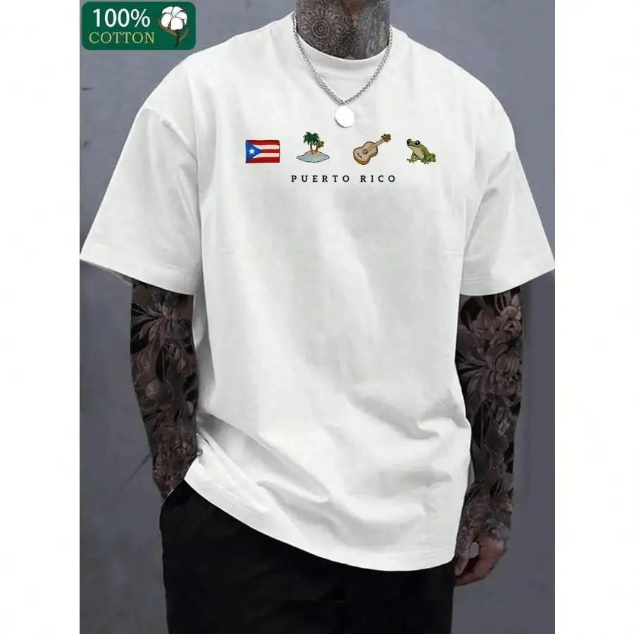 Mens Puerto RicoInspired Cotton TShirt Black With Cultural Symbols Comfortable Breathable Casual Round Neck Short Sleeve