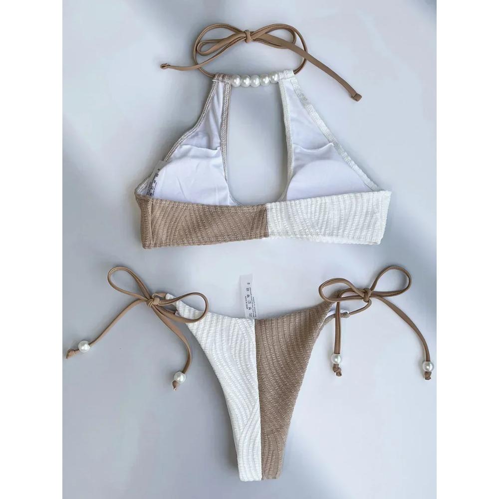 XS - L Splicing Halter Hollow Out Ribbed Bikini Female Swimsuit Women Swimwear Two-pieces Bikini Set Pearls Bathing Suit Swim