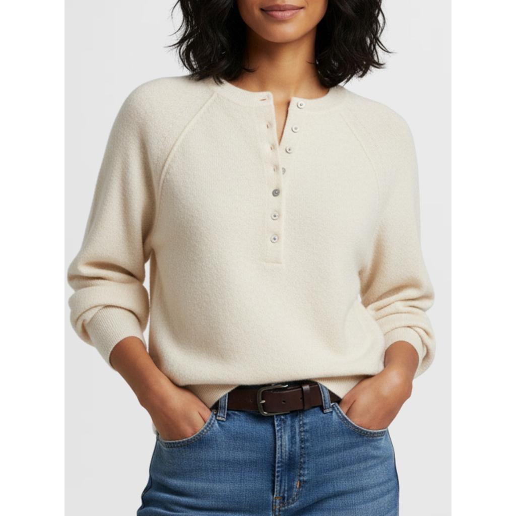 Women's Round Neck Long Sleeve Knit Sweater Loose Fit Button Detail Henley Pullover Top