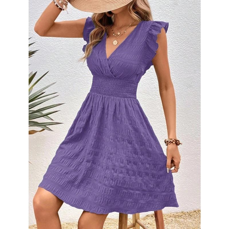 Moda Scollo a V Pieghettato Estivo Ruffles Vestito Vestibilità Aderente Sottile Elegante Monocolore Linea ad A Festa Casual Vestiti Corti Streetwear Dolce Semplice Abbigliamento Donna