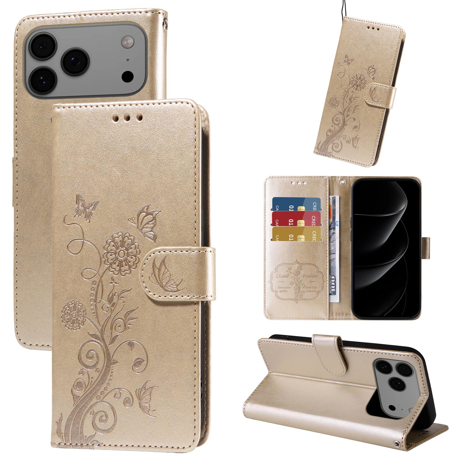 

For iPhone 17 Pro Max Leather Case Butterfly Floral Imprint Wallet Stand Cover Blue