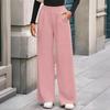 Women Pants Elastic Mid-rise Wide-Leg Loose Style Long Pants Autumn Winter Ribbed Casual Trousers with Pockets