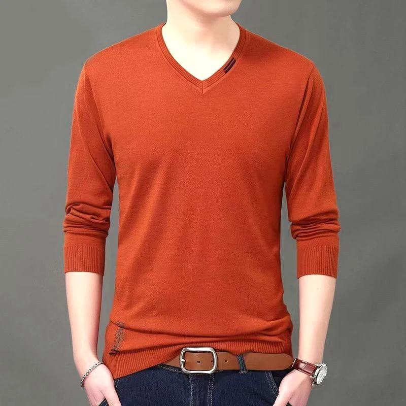 Middle-aged Young Autumn Men's Long-sleeved Thin V-neck Sweater Knitted T-shirt Casual Base Shirt