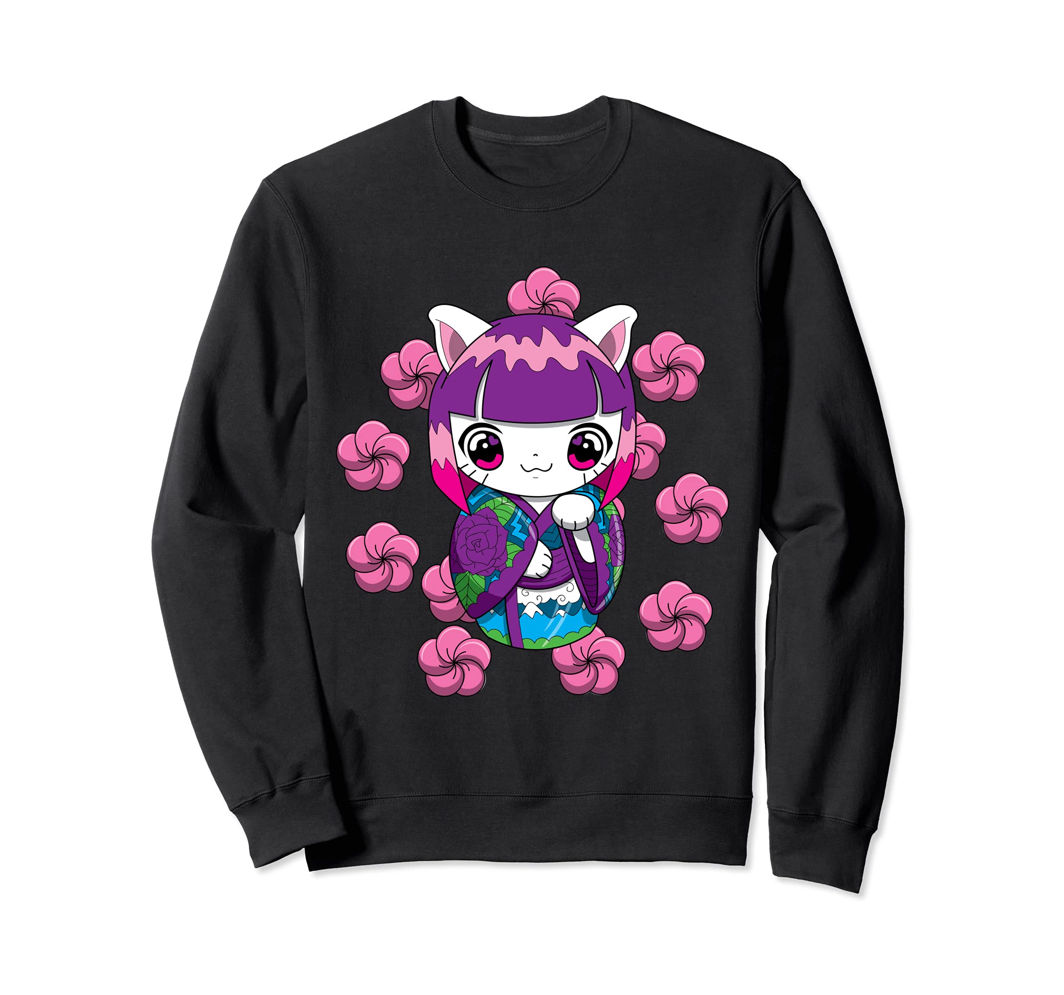 Cute Japanese Kokeshi Geisha Cat Doll Sweatshirt чёрный