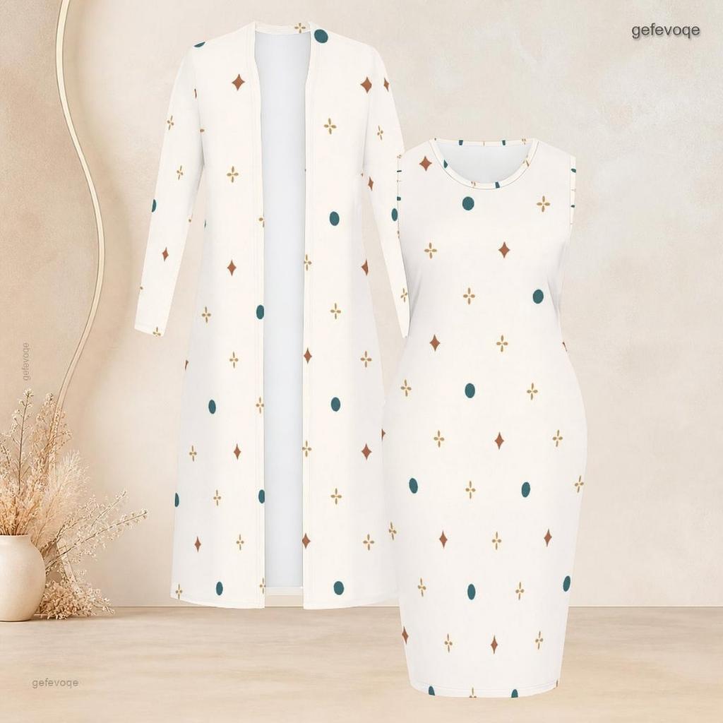 Women Plus Size Two Piece Set Long Sleeve Open Front Cardigan Crew Neck Sleeveless Bodycon Dress Geometric Printed Black Gold Gray
