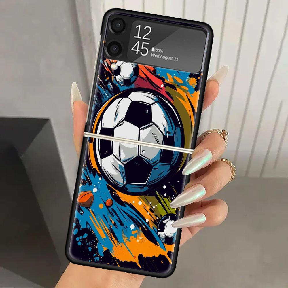 Football Soccer Ball Design Hard PC Phone Case For Samsung Galaxy Z Flip 6 5 4 3 Black Cover ZFlip6 Flip5 Flip4 5G Foldable Prin