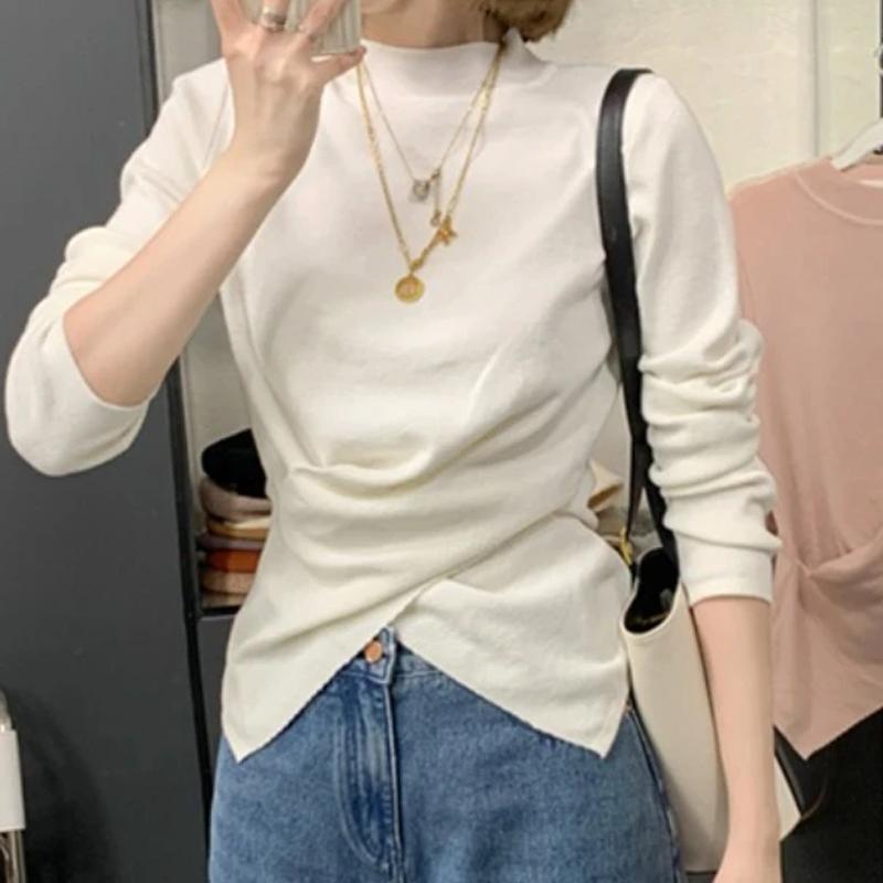 

Модный пуловер с полувысоким воротником крест-накрест, нерегулярный, женский свитер, весна-осень, однотонный, вязаный, с длинным рукавом, элегантный, повседневный, трикотажный топ, одежда One Size белый