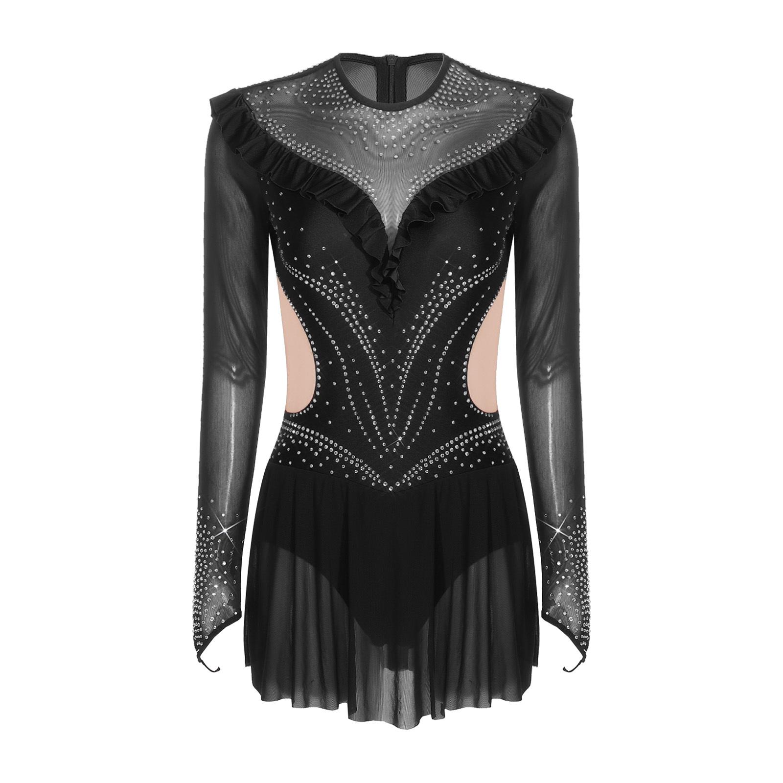 Damen Strass-Netz-Trikot Langarm Rüschenbesatz Netzrock Bodysuit Kleid Eiskunstlauf-Jumpsuit M