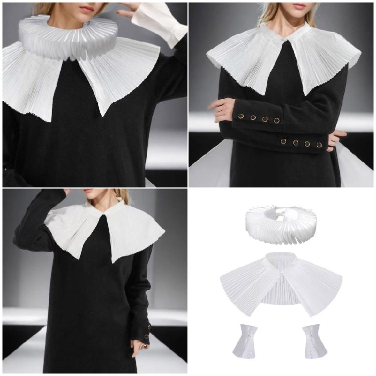 Victorian Ruffled Neck Cuff False Collar and Faux Wrist Cuffs Set for Halloween Costumes and Historical Role Play Event