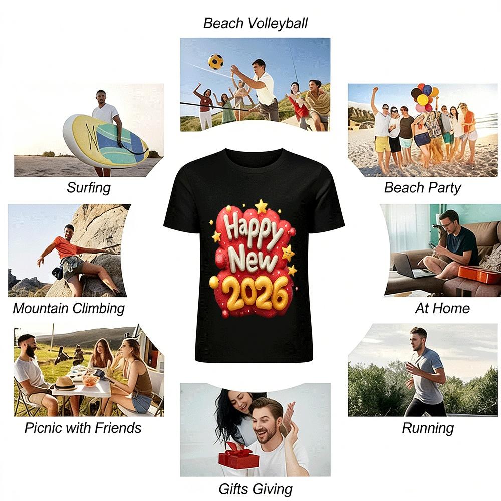 Happy New 2026 Festive Print Casual Loose Top For Men Women Pure cotton T-shirt