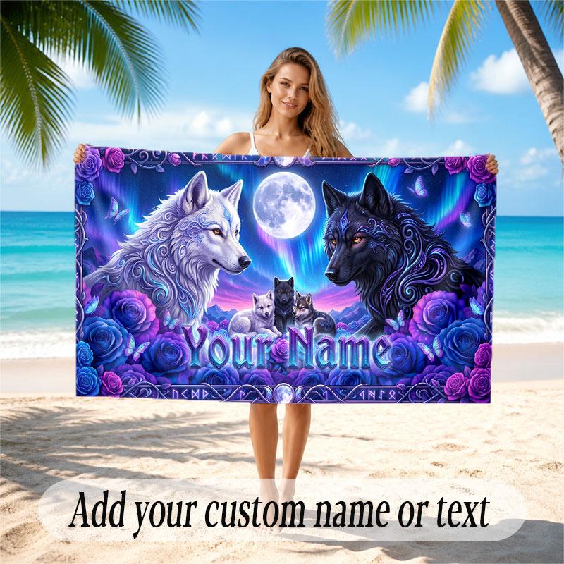Wolf Theme Beach Towel Personalized Custom Name & Text Soft Quick Dry Beach Towel for Swimming Travel