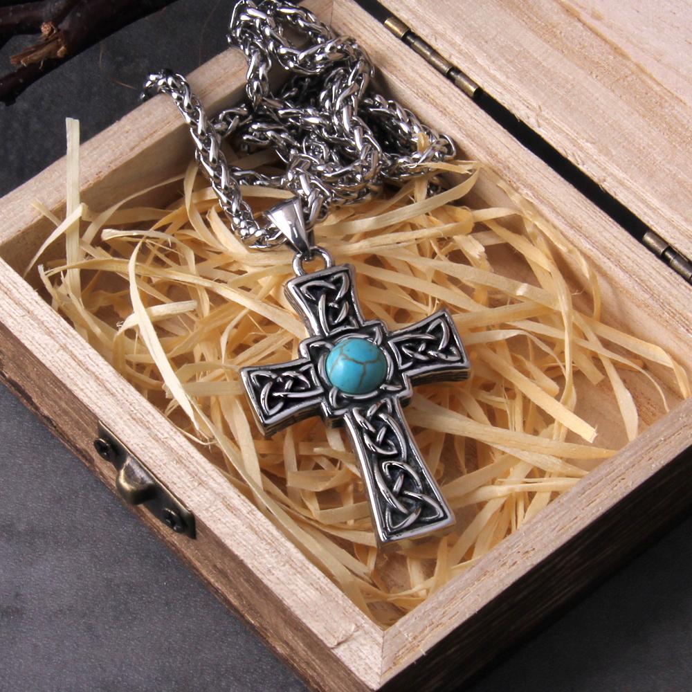 stainless steel Valknut Celtic cross pendant mens viking jewelry with stone and wooden box gift for men