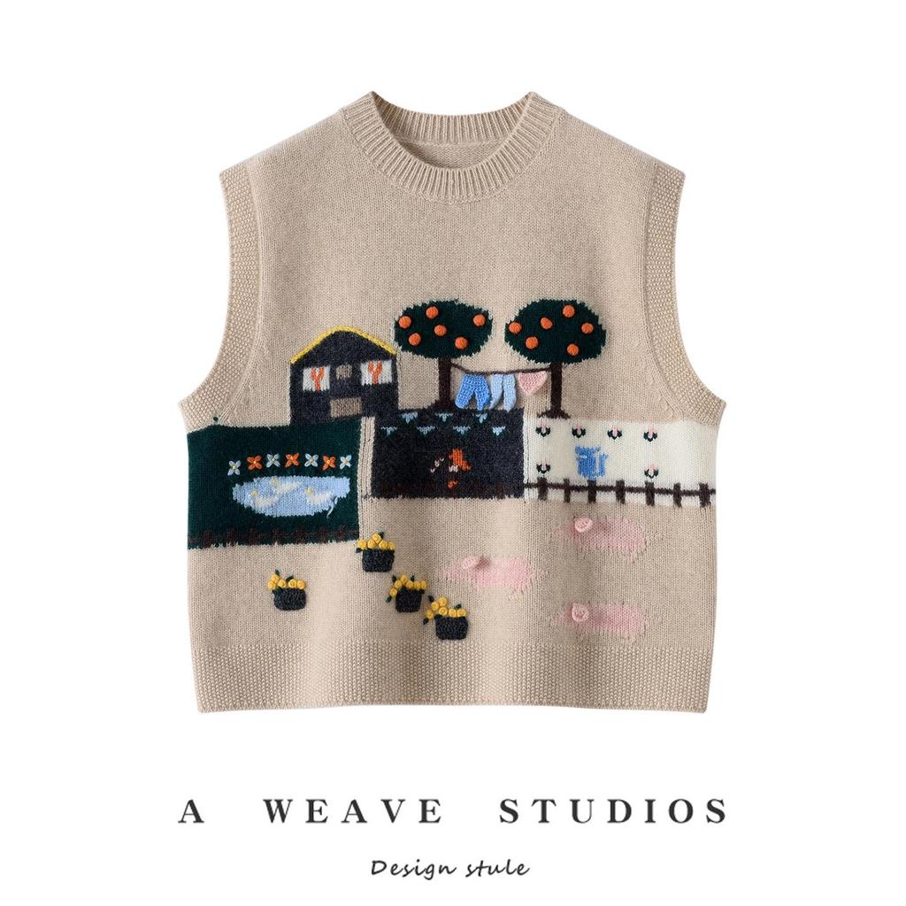 Spring & Autumn Hand-Knitted Sleeveless Cashmere Jacquard Vest - Retro Round Neck, Loose Fit
