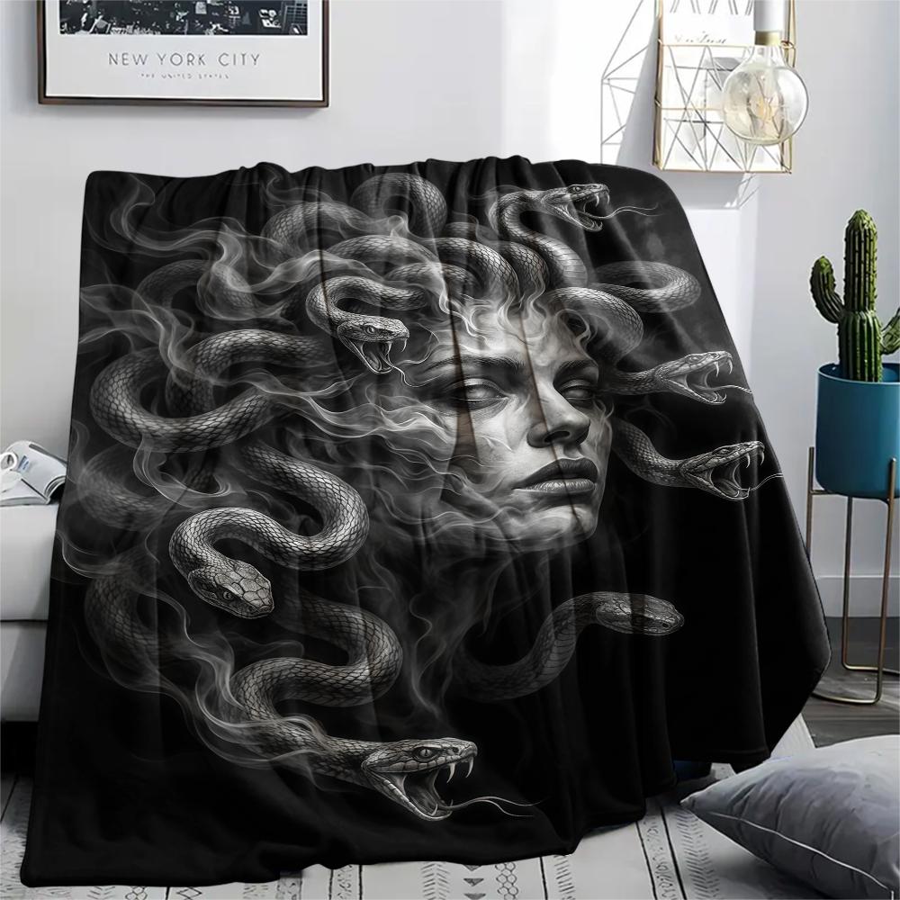 Dark Cupid Medusa Wolf Skull Print Flannel Blanket,High quality Comfortable for All Seasons,Home Decor,Warmth and Comfort,Perfect for Christmas Gifts