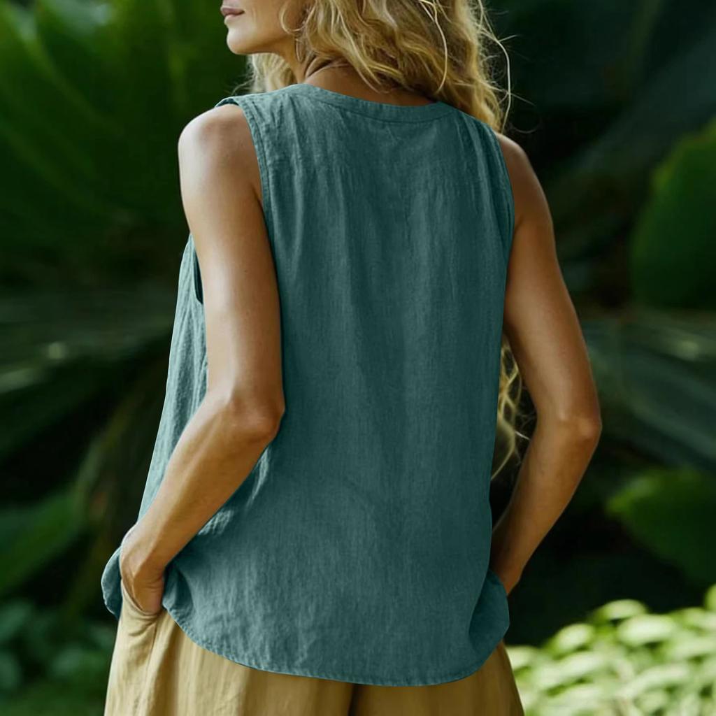 Sleeveless V Neck Button Front Casual Top Linen Cotton Blend Summer Shirt Lightweight Breathable Fabric Comfortable Fit