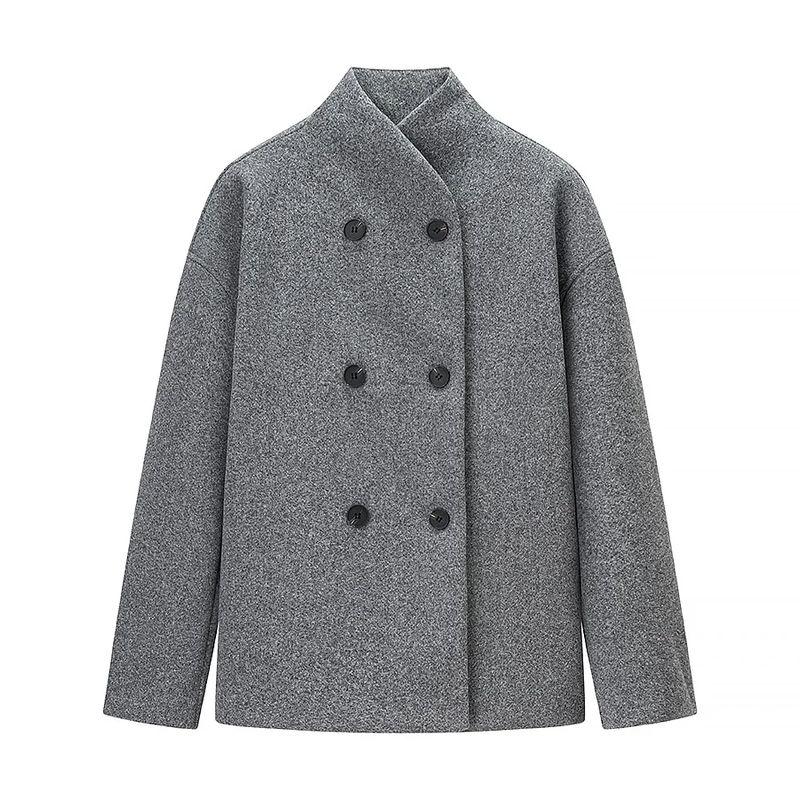 Autumn New Women's Clothing Korean Style Minimalist Stand Collar Long Sleeves Loose Double Breasted Short Woolen Overcoat Outwear
