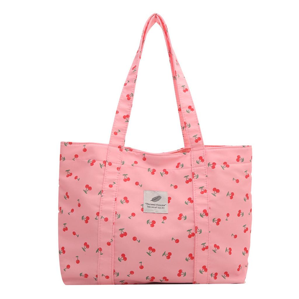 Cute Cherry Print Casual Tote Bags for Women Large Capacity Shopping Bag Nylon Aesthetic Handbag Grocery Storage Pouch