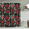 Green Christmas Shower Curtain with Red Poinsettia Floral Pattern, Polyester Fabric, Waterproof Home Decor Item for Bathtub Size