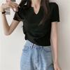 Grey V-neck Short Sleeved T-shirt for Women's Summer Thin Design Sweet and Spicy Girl Slim Fit Short Knitted Top